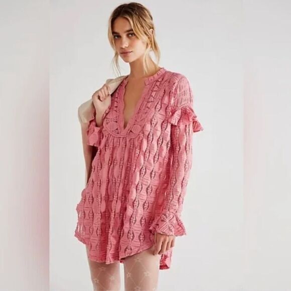 NEW Free People  Candy Shop Lace-Insert Tunic, color pink,‎ S - Picture 1 of 16